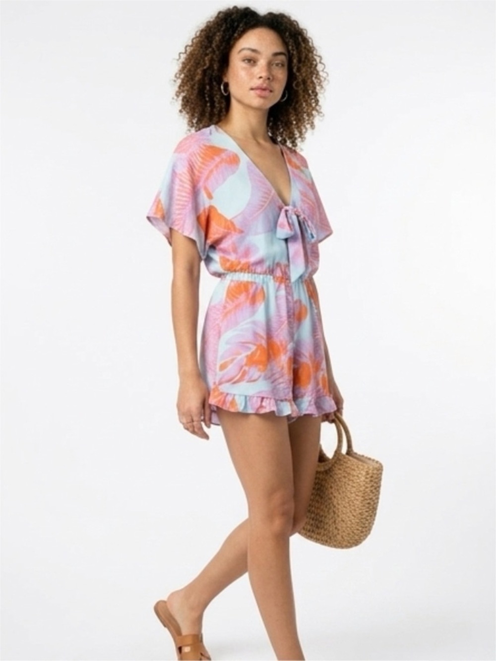 Buddy Love Trixie Tie Front Ruffle Romper Bahama Mama Tropical Print XS